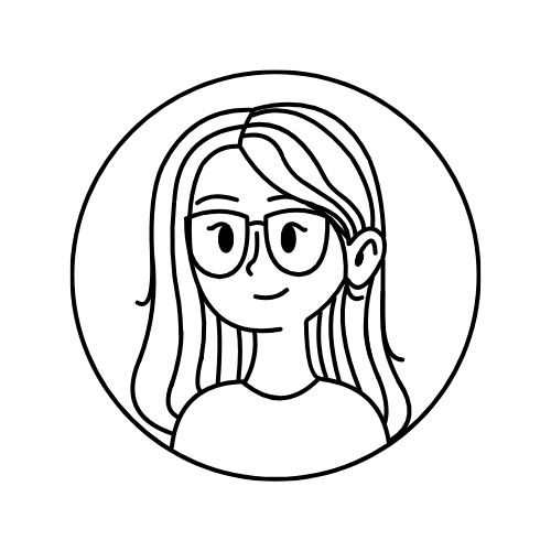 Line drawing of a smiling woman with glasses.